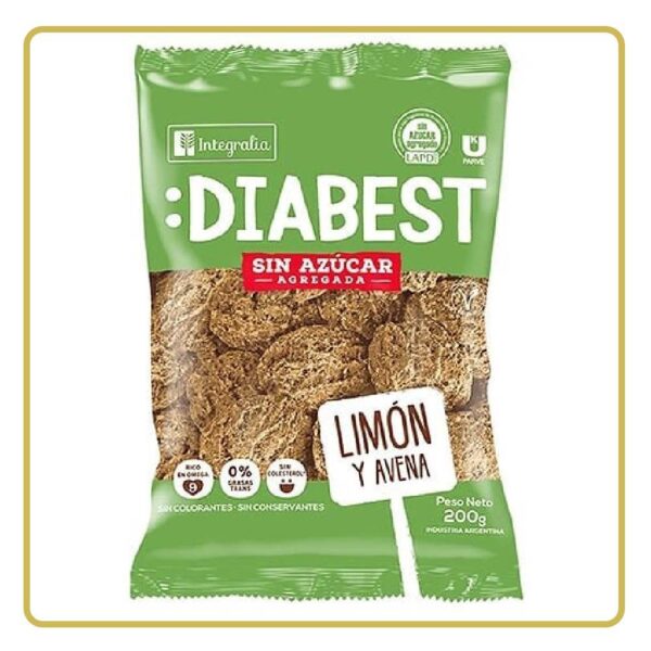 COOKIES DIETETICAS  DIABEST LIMON  Y AVENA 200gr INTEGRALIA (SIN AZÚCAR AGREGADA)