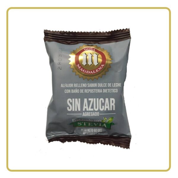 ALFAJOR RELLENO SABOR DULCE DE LECHE CON BAÑO DE REPOSTERIA DIETETICO 60gr DOÑA MAGDALENA